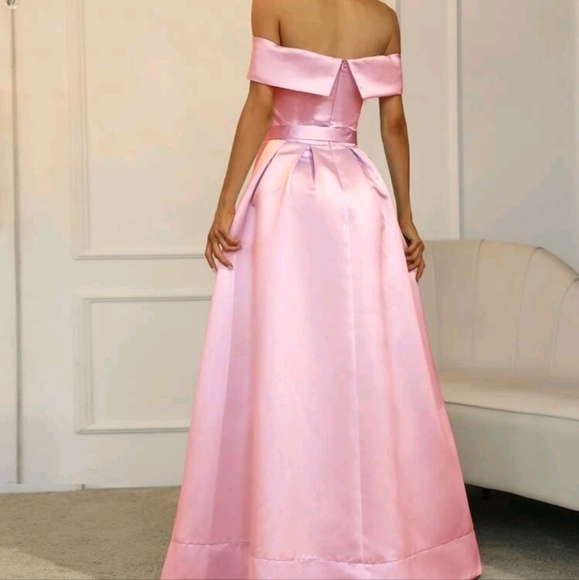 Off Shoulder Boxy Pleated Split Thigh Prom Dress - Picture 2 of 6